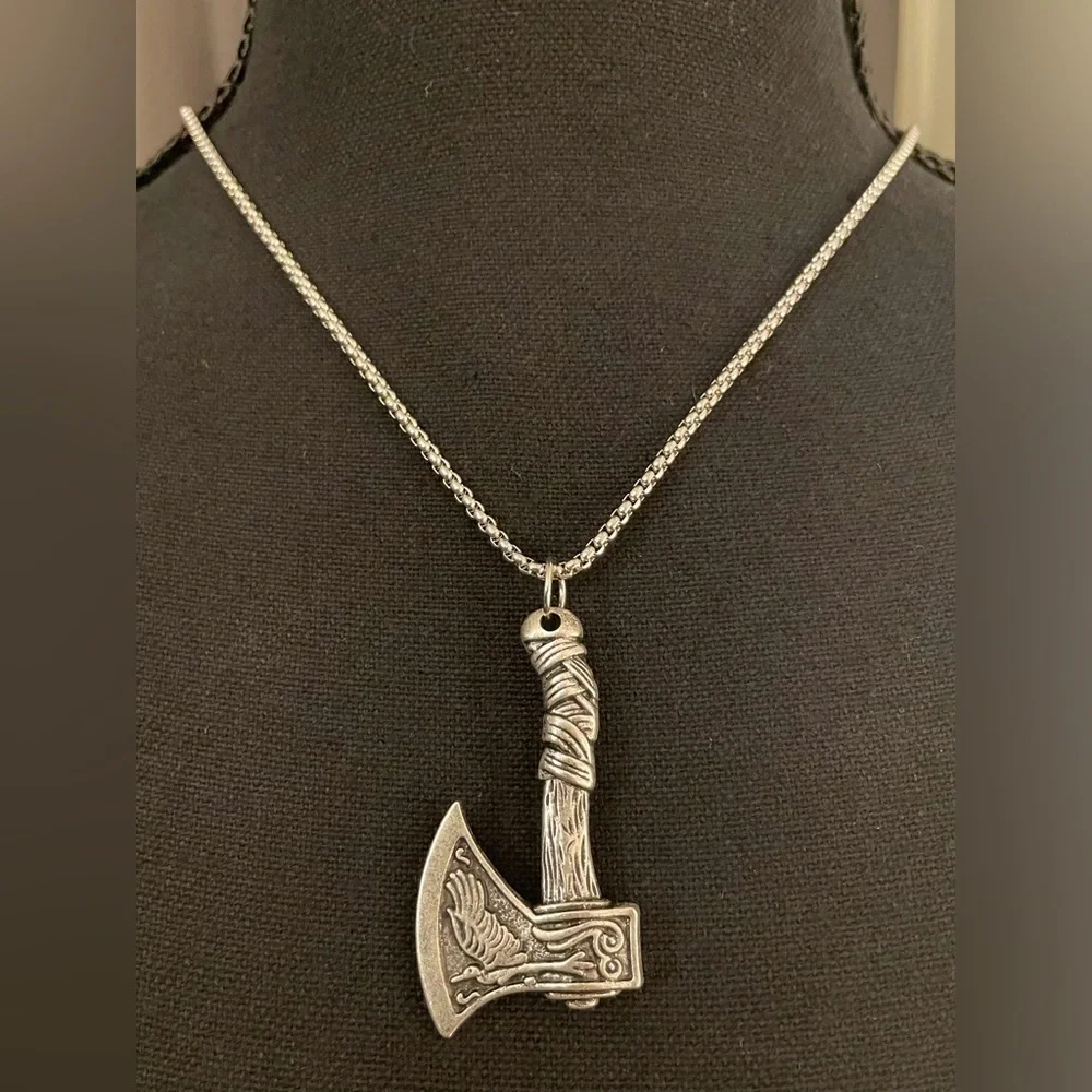 Nordic Viking Axe Necklace with Wolf & Bird